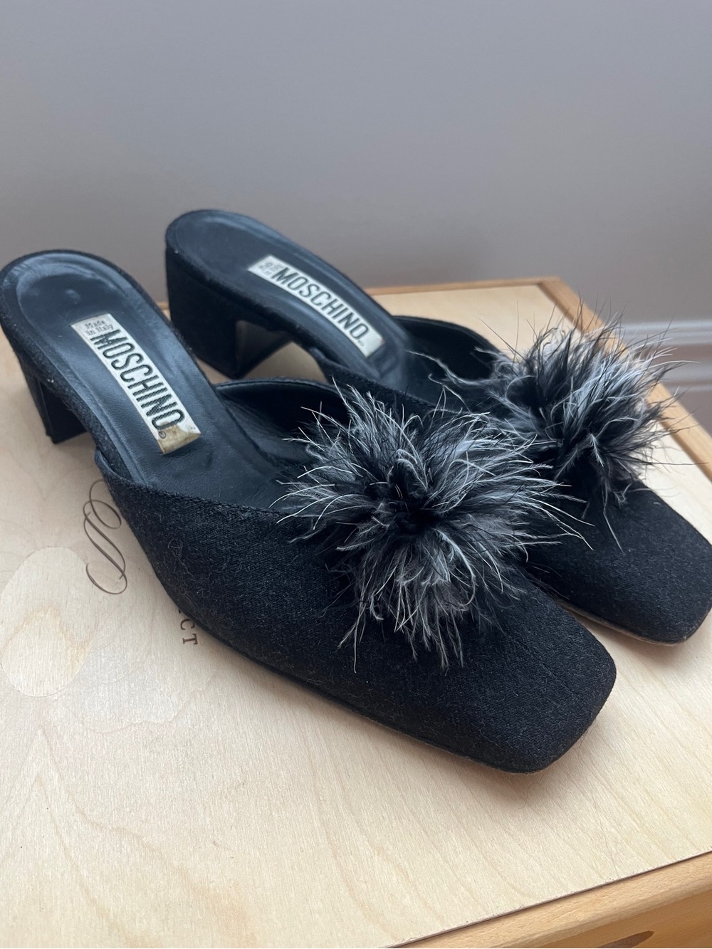 Vintage Moschino Charcoal Grey Pom Mule Heels